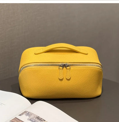 Leather cosmetic bag in multiple color options display