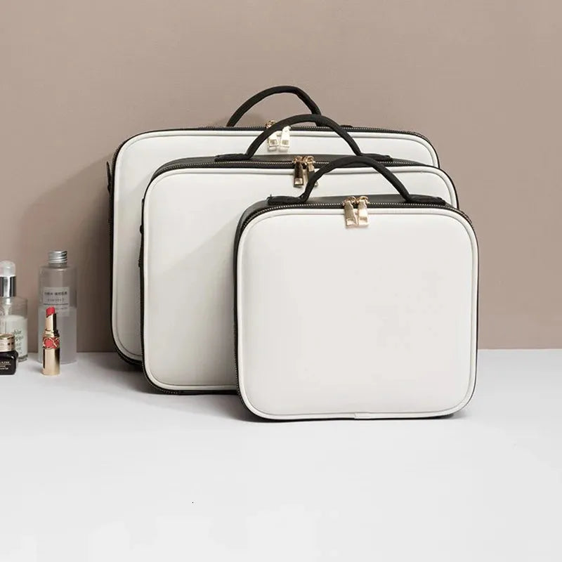 Cosmetic bag in use with makeup and toiletry items inside