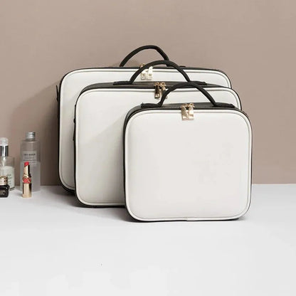 Cosmetic bag in use with makeup and toiletry items inside