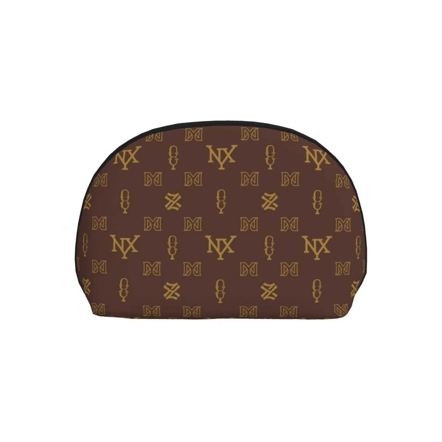 Front view of brown women's cosmetic bag with zipper closure
