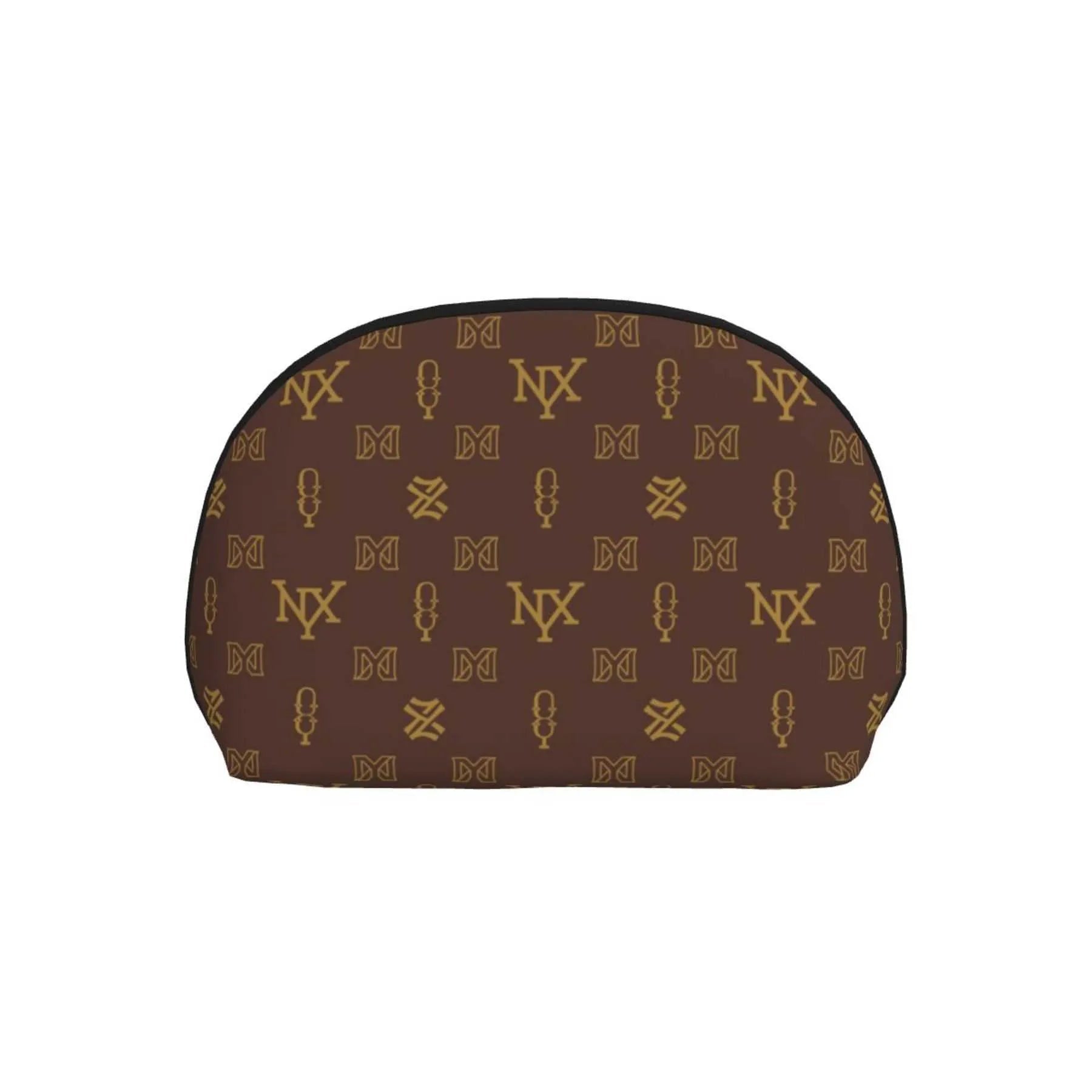 Front view of brown women's cosmetic bag with zipper closure