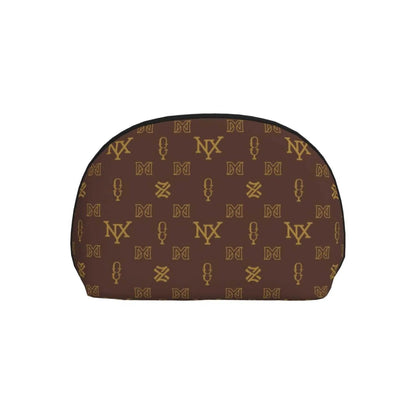 Front view of brown women's cosmetic bag with zipper closure