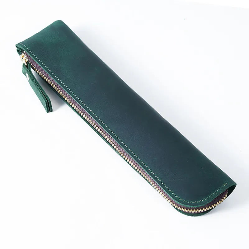 Leather pencil bag in a vintage style with zippered closure