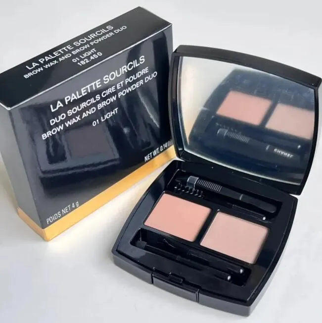 Eyebrow powder palette with three colors and a dual-sided brush