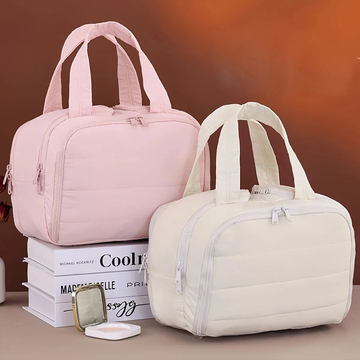 Portable cosmetic storage bag with side zipper closed