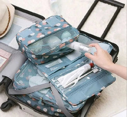 Waterproof hanging cosmetic organizer bag shown in blue color