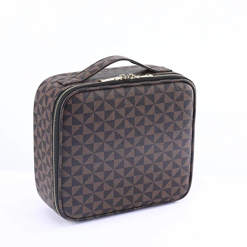 Open interior showing partition layout of the makeup bag