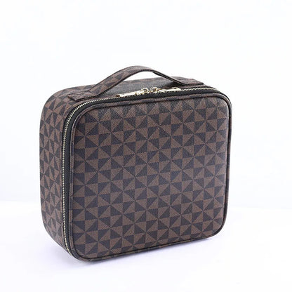 Open interior showing partition layout of the makeup bag