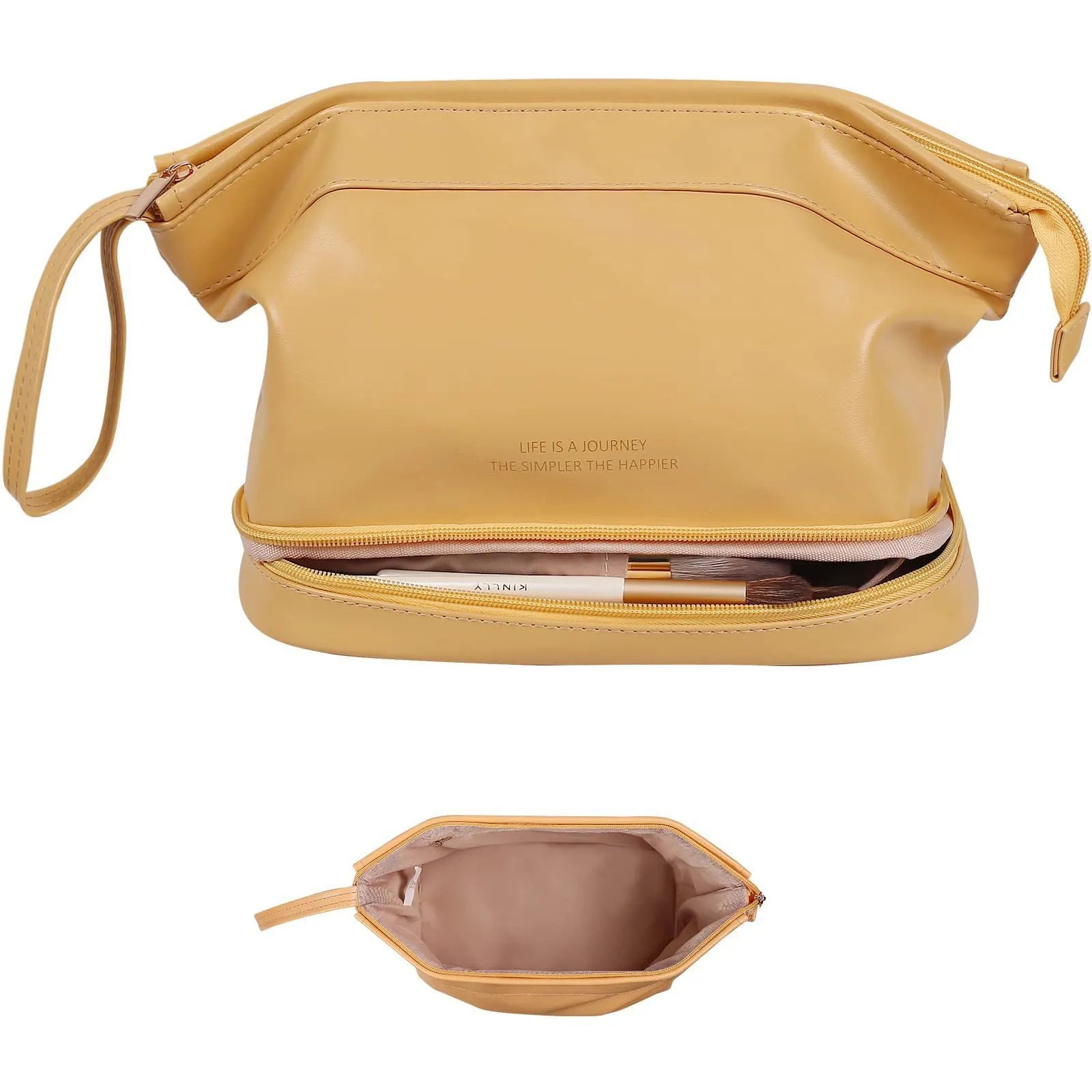 Side perspective of the portable cosmetic tote bag in a neutral color