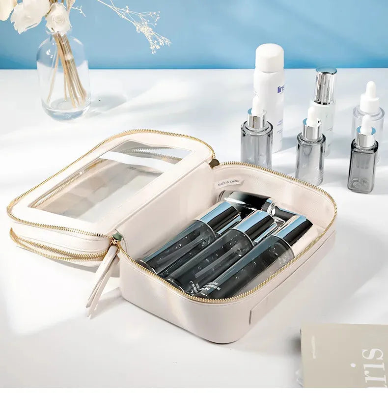 Open makeup organizer showing multiple compartments and interior layout