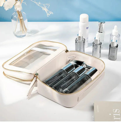 Open makeup organizer showing multiple compartments and interior layout