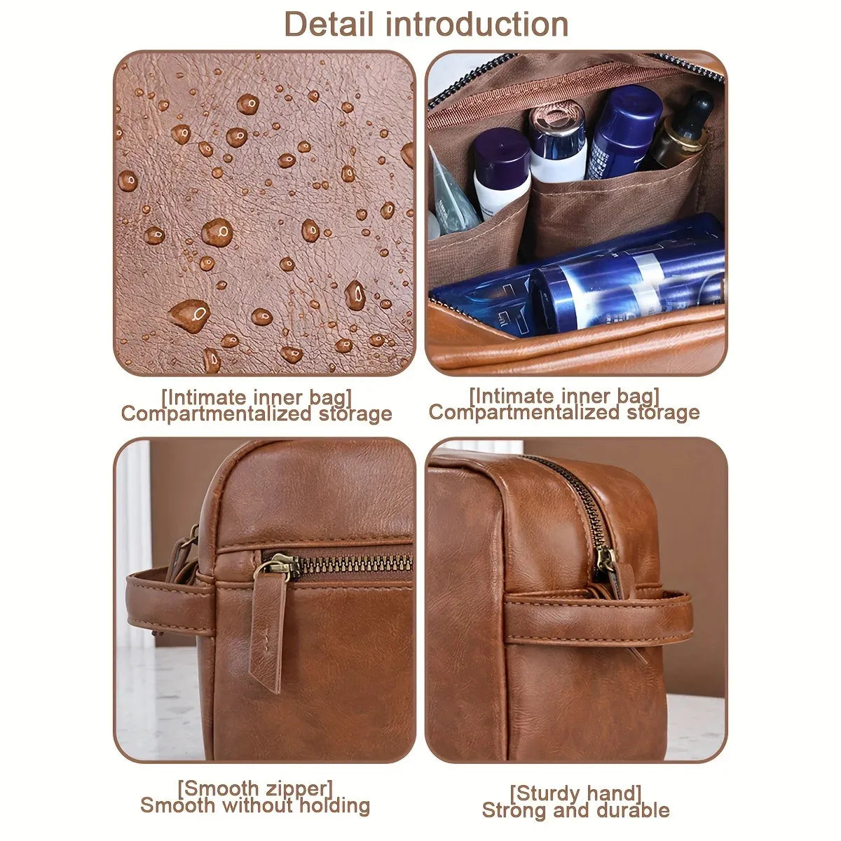Compact travel toiletry pouch in brown color placed next to bathroom items