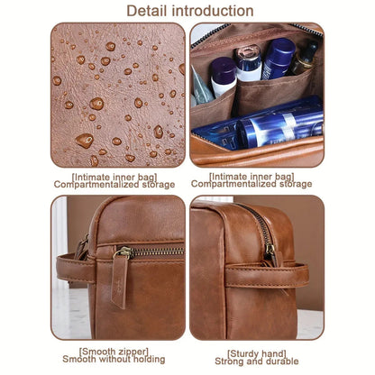 Compact travel toiletry pouch in brown color placed next to bathroom items