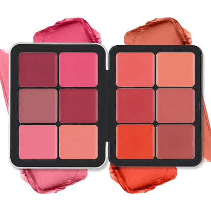 Open makeup palette showing multiple cream shades arranged in rows