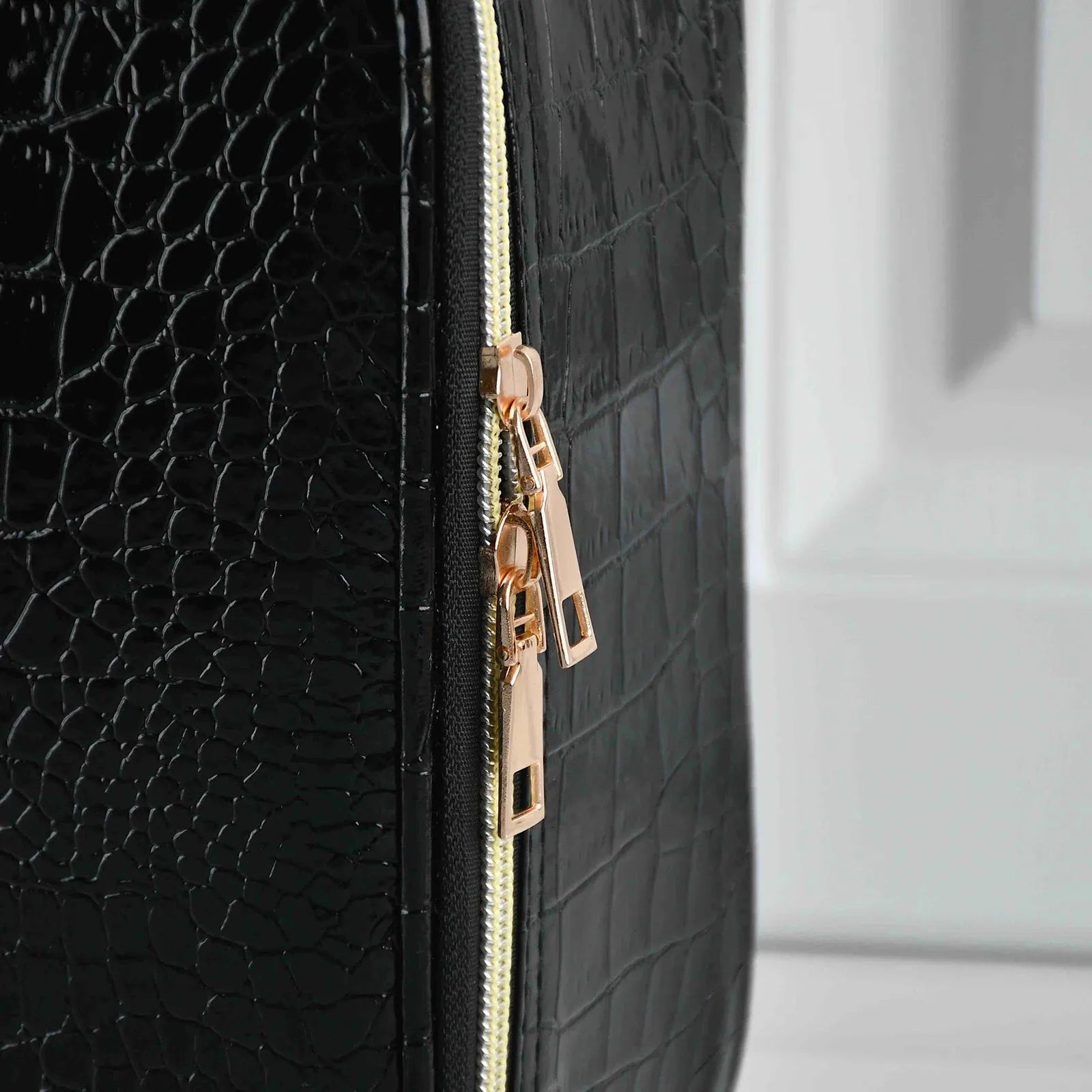 Makeup bag interior showing multiple storage compartments