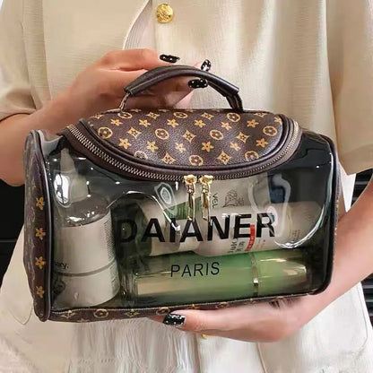 Portable travel makeup bag with zippered closure and interior pockets