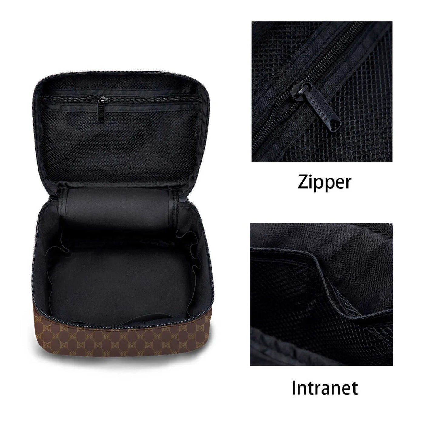 Interior view of cosmetic organizer bag showing multiple compartments for storage