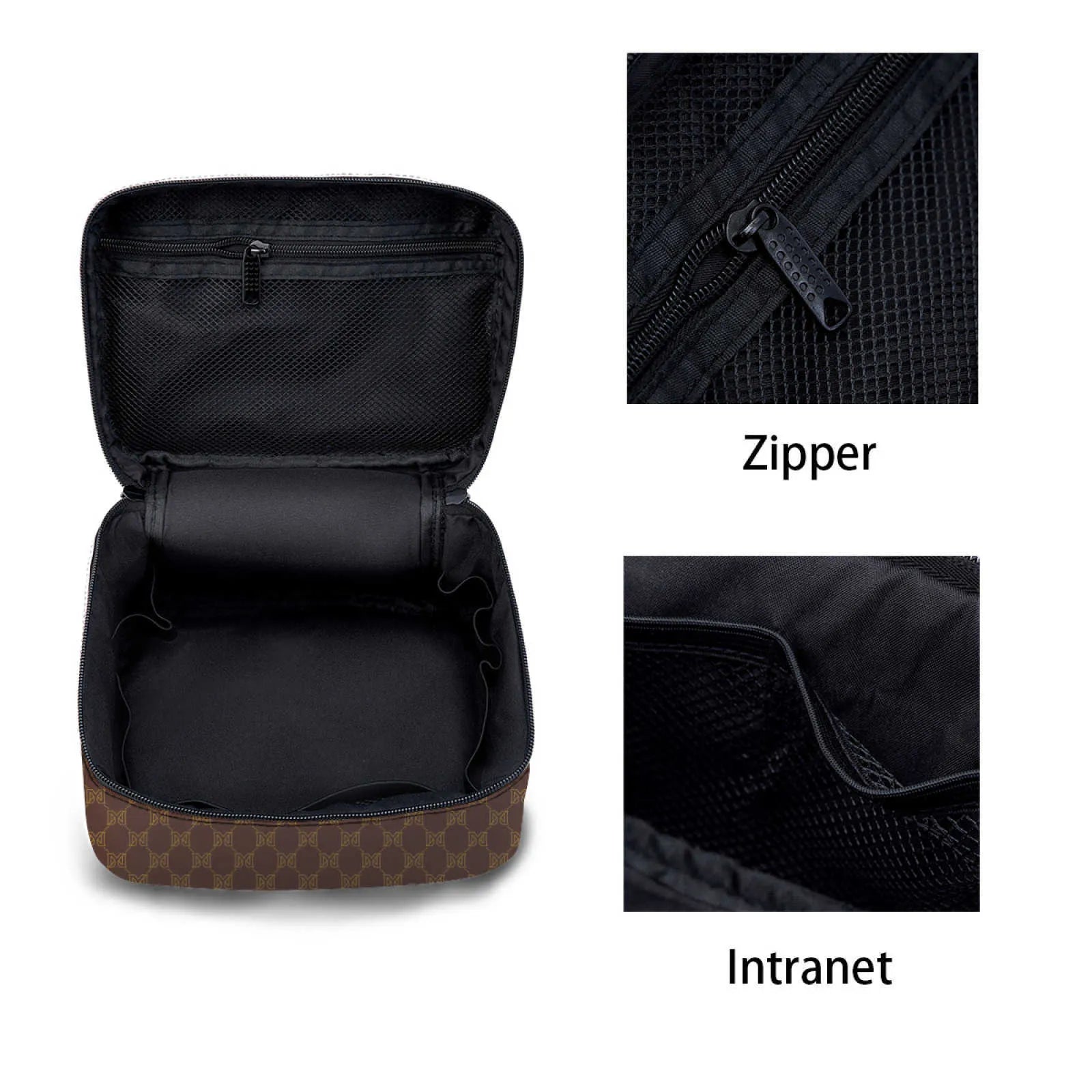 Interior view of cosmetic organizer bag showing multiple compartments for storage