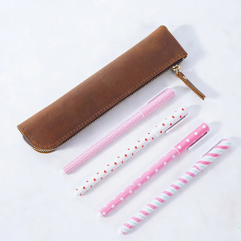 Leather pencil bag in a vintage style with zippered closure