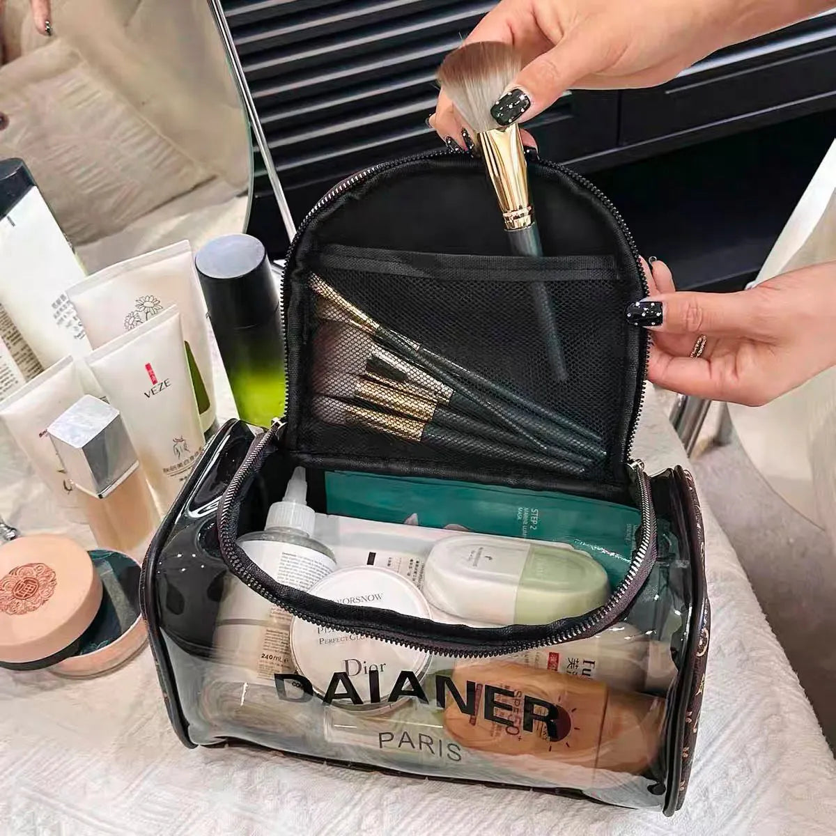 Compact toiletry bag in a neutral color, suitable for travel use