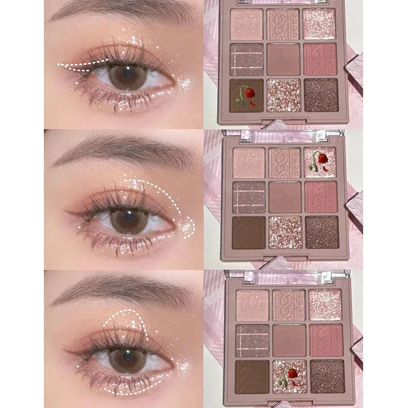 9-color eyeshadow palette showing glitter pearl and nude shades