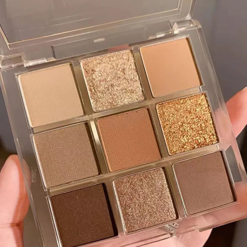 Nine-color eyeshadow palette showing butter orange and brown shades