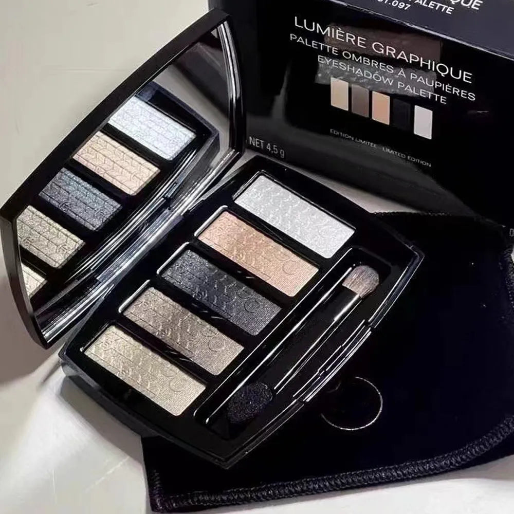 Five-color eyeshadow palette showing glitter and pearly finishes