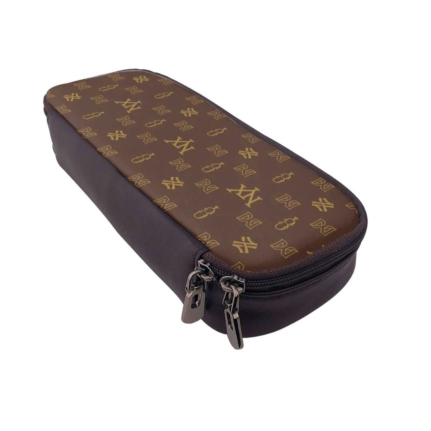 Brown designer cosmetic bag with pencil case and travel pouch open