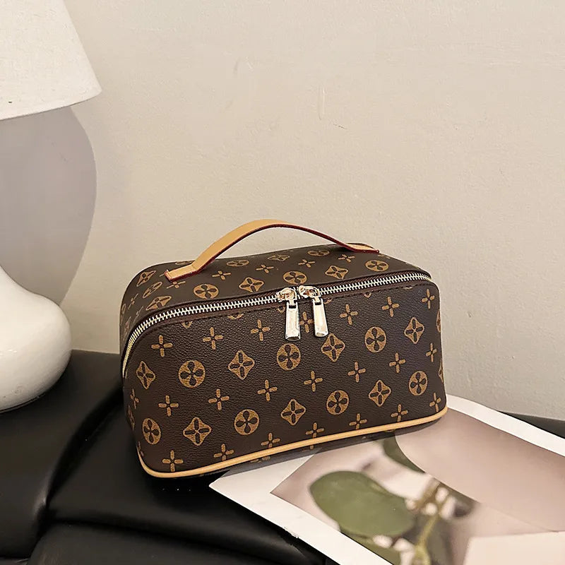 Front view of portable cosmetic organizer bag with trendy pattern design