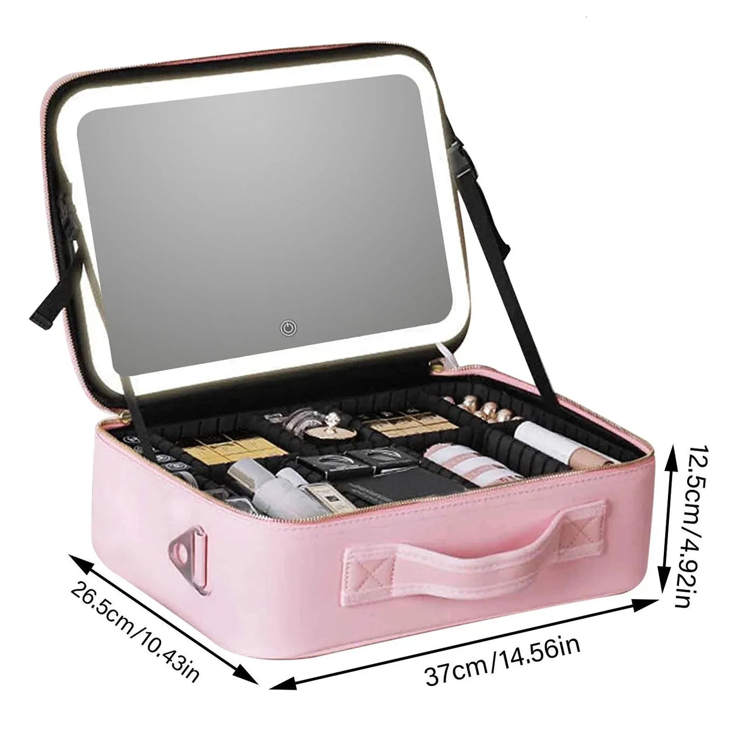 Makeup organizer in use with cosmetics arranged in compartments