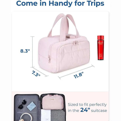 Folding travel organizer bag with multiple compartments open