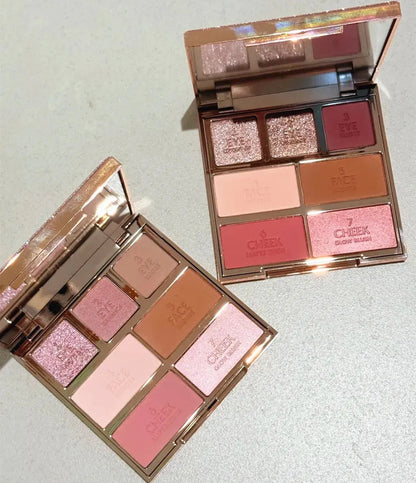 Front view of 7-color eyeshadow blush highlighter palette showing matte finish shades