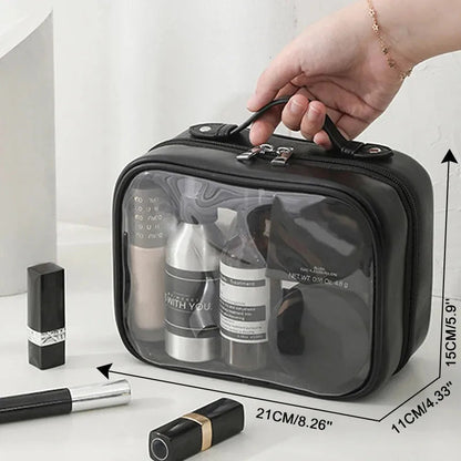 Double-layer waterproof makeup bag with brush storage in black color
