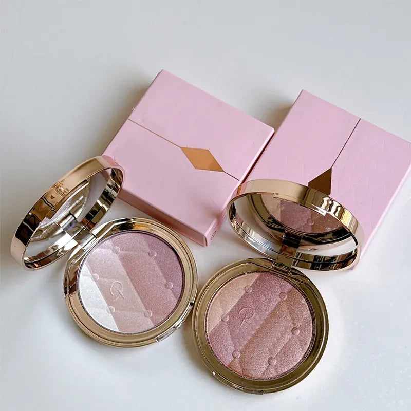 Dual-color pink bronzer highlighter with diamond finish in compact packaging