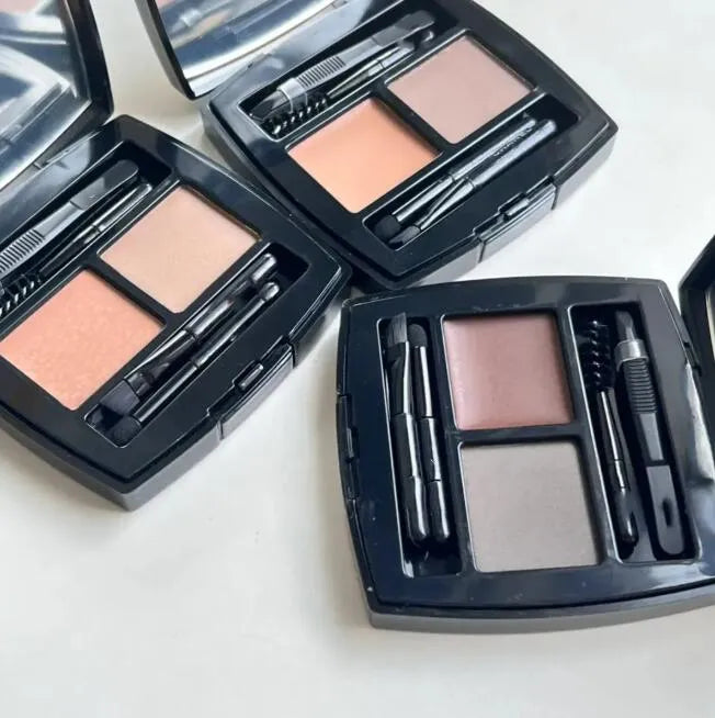 Application of eyebrow powder using included brush on hand swatch