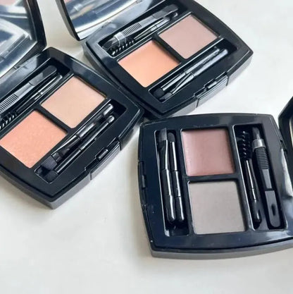 Application of eyebrow powder using included brush on hand swatch