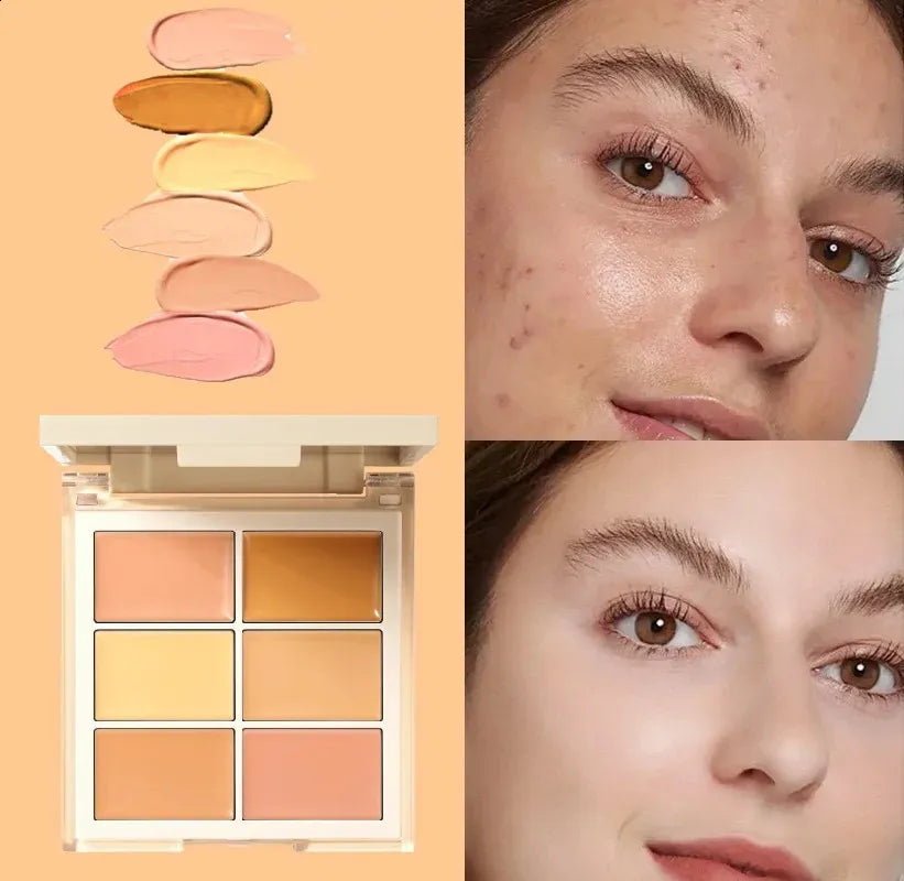 Concealer palette with applicator tool demonstrating three usage techniques