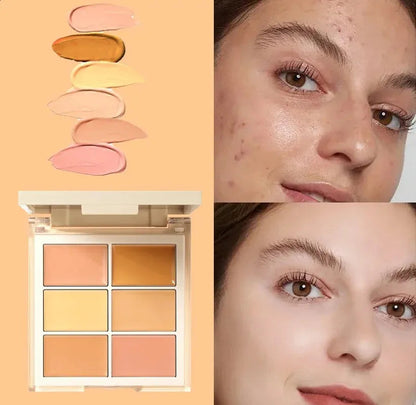 Concealer palette with applicator tool demonstrating three usage techniques