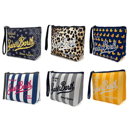 Front view of leopard print canvas clutch bag with zip closure