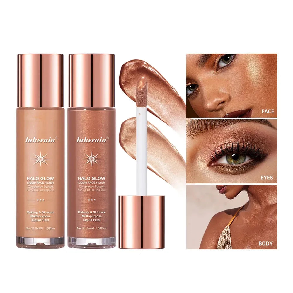 Liquid highlighter makeup with pearlescent finish in clear bottle