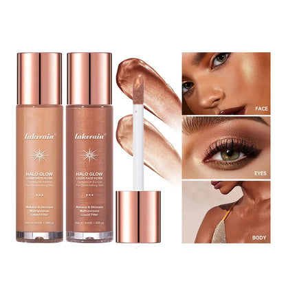 Liquid highlighter makeup with pearlescent finish in clear bottle