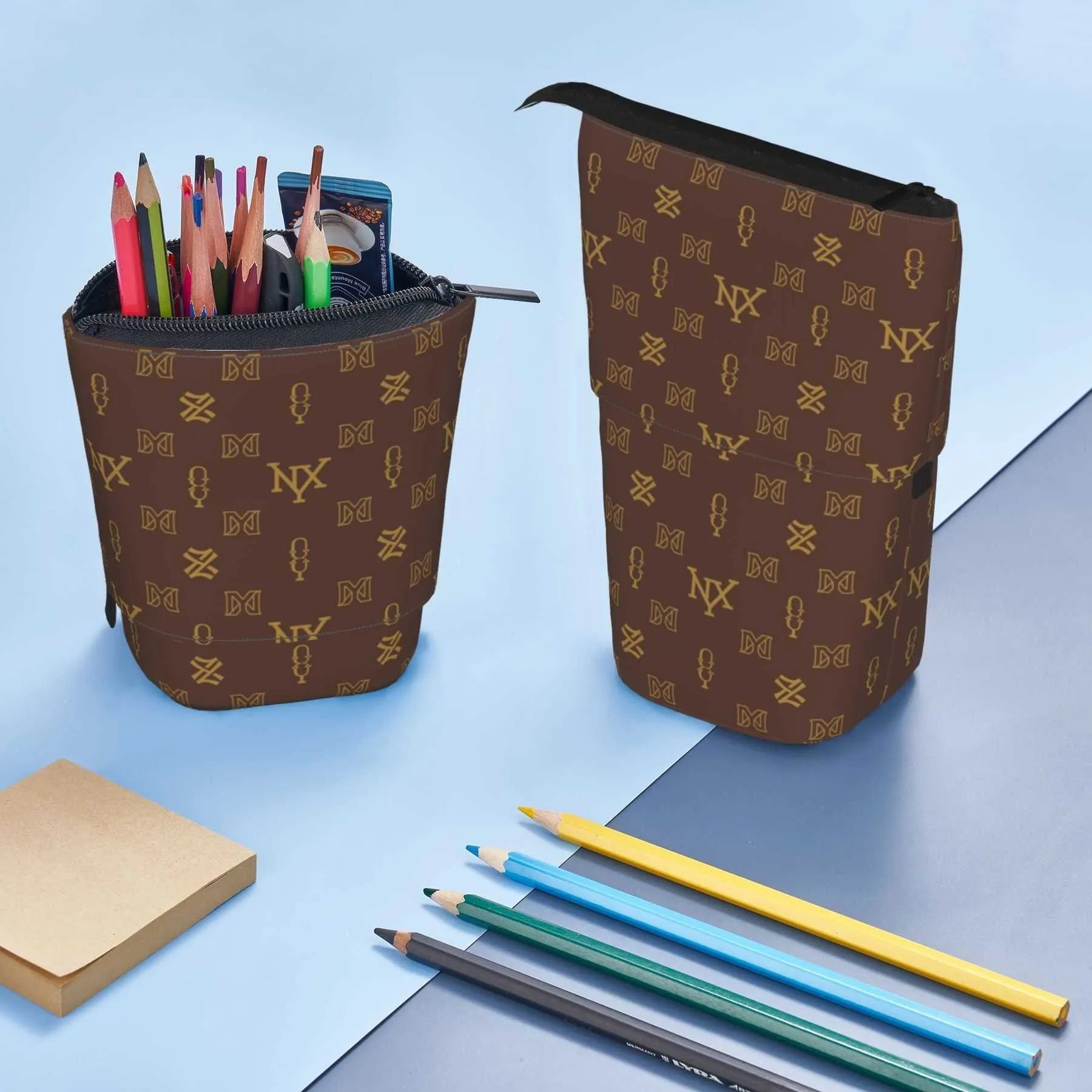 Compact brown cosmetic bag displayed with dimensions