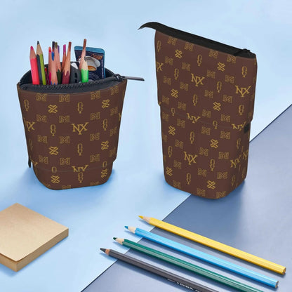 Compact brown cosmetic bag displayed with dimensions