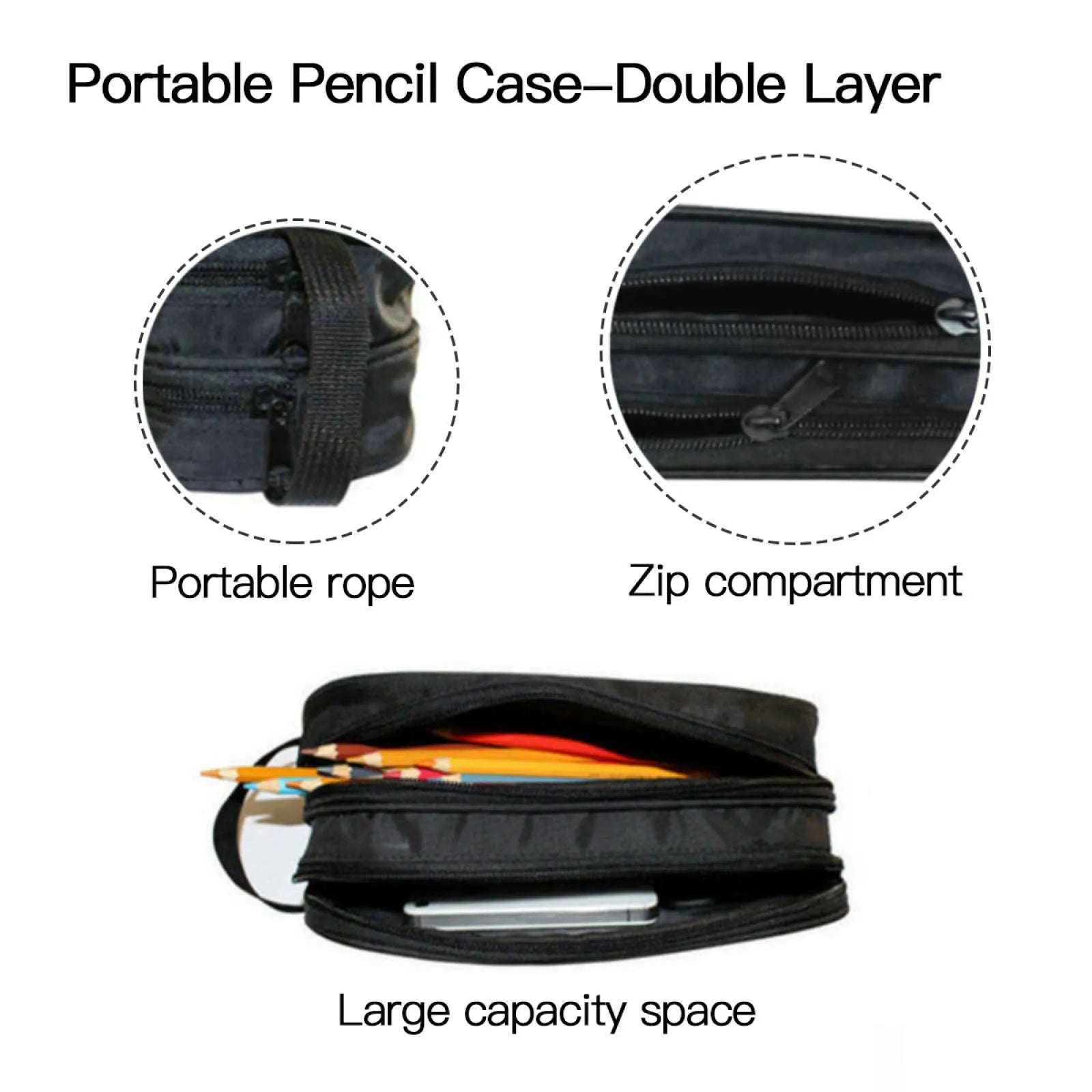 Cosmetic bag in black color variant on flat surface