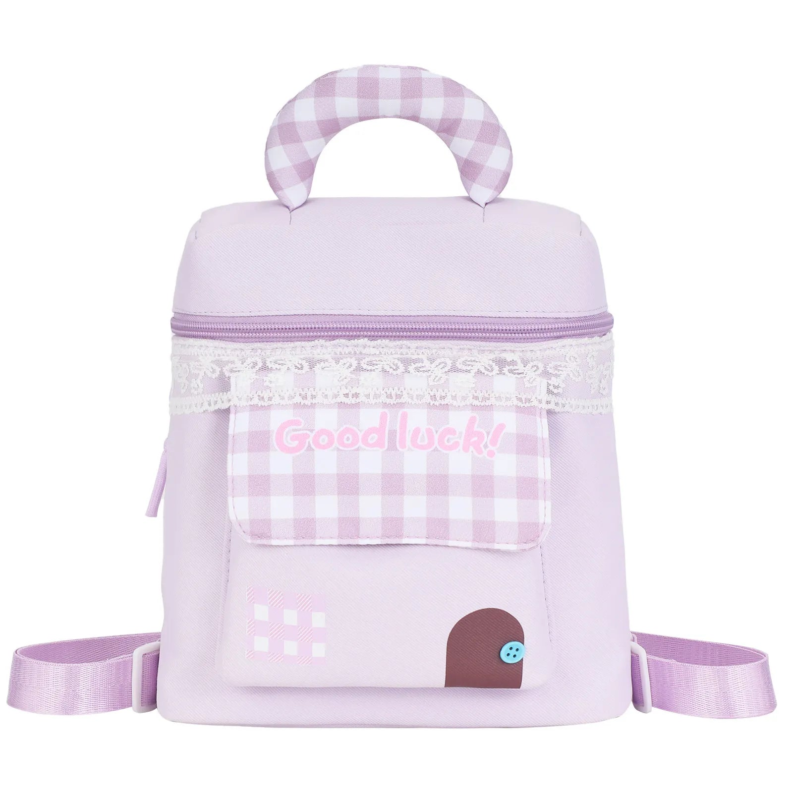 Front view of a portable cosmetic storage bag with handle
