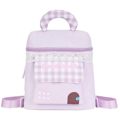 Front view of a portable cosmetic storage bag with handle