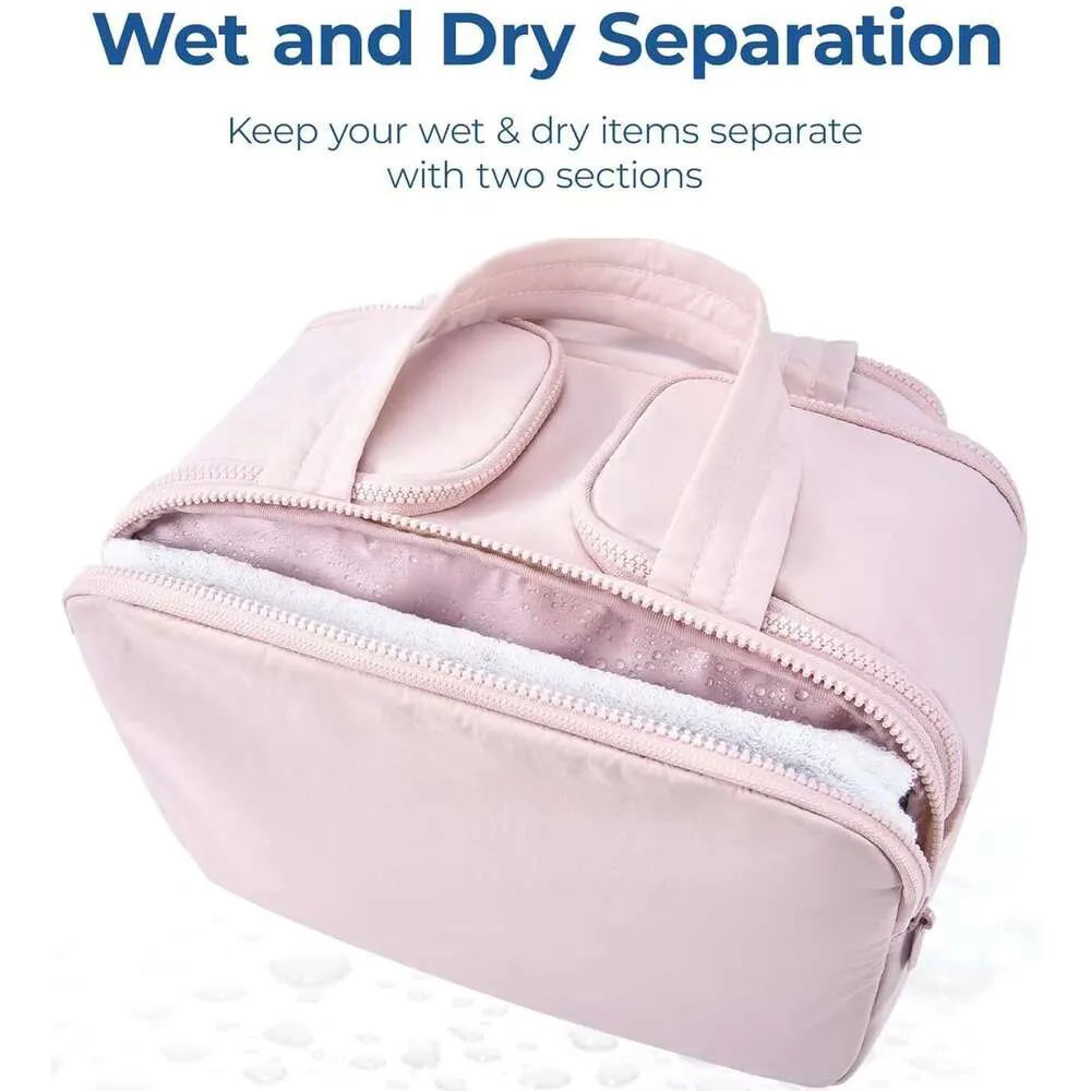 Folding travel organizer bag with multiple compartments open