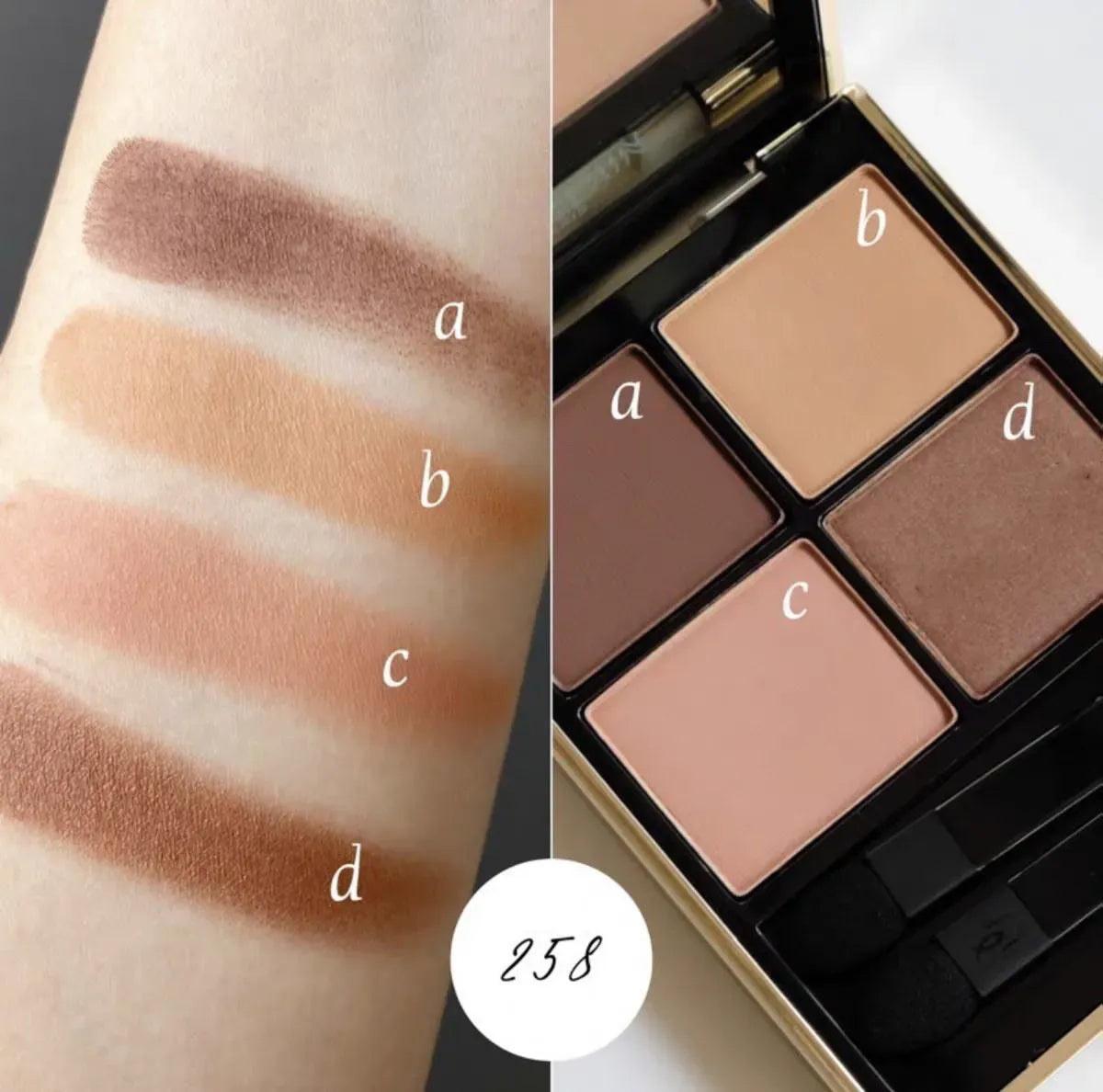 Swatches of eye shadow shades from the quad on skin