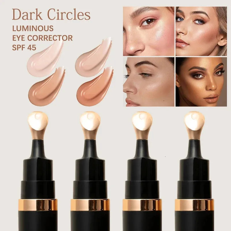 Hand holding concealer stick demonstrating application to under-eye area