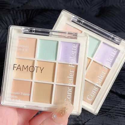 Makeup palette with mirror and nine color options for facial coverage and contouring